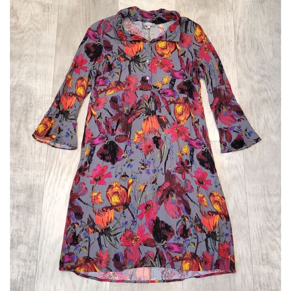 Habitat Floral Artsy Midi Shirt Dress Size S Empire Waist Bell Sleeve Multicolor
